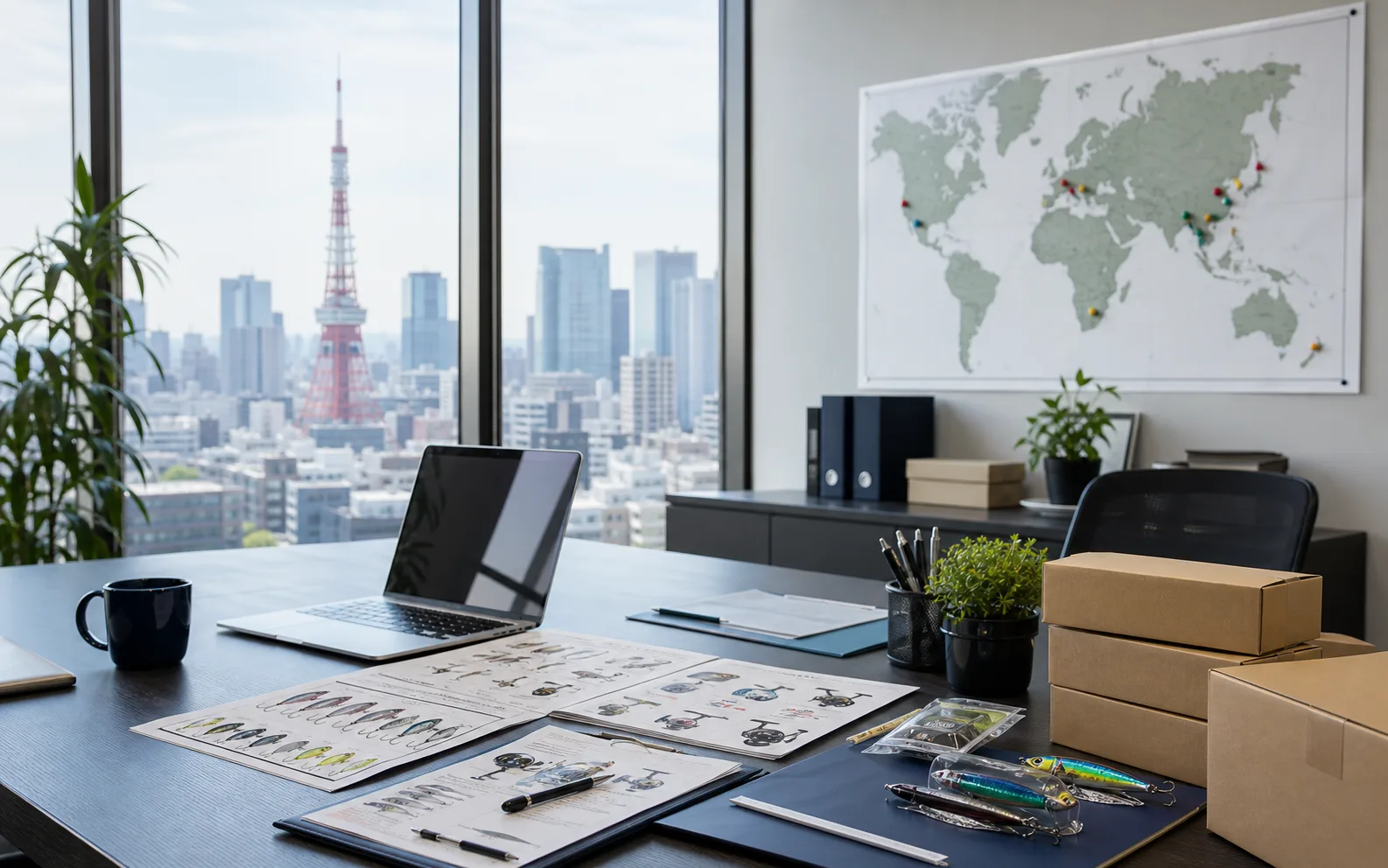 東京のオフィスから海外市場向けの日本釣具取引を管理するイメージ